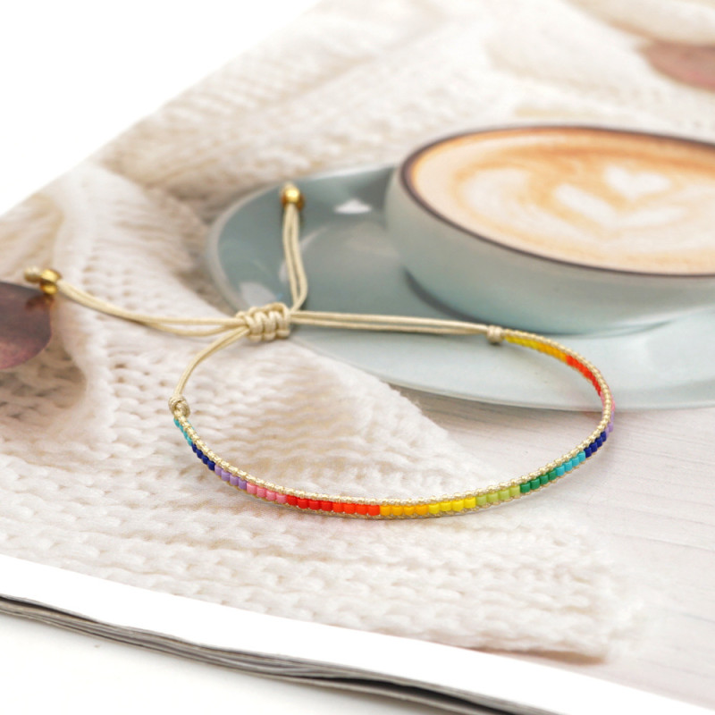Amazon Hot-Selling Cross-Border Jewelry Rice Bead Bracelet Hand-Woven Leather Bohemian Rainbow Bead Jewelry