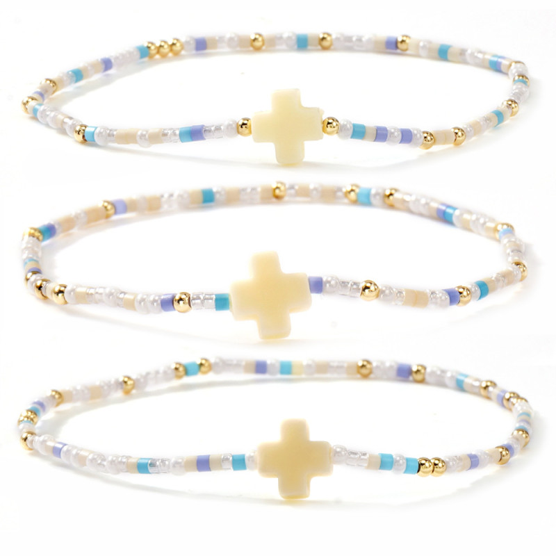 Ins Niche Design Cross Bead Bracelet for Women Bohemian Style Multi-layer Stacking Vacation Style Beaded Bracelet