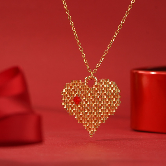 Miyuki Japanese Rice Beads Gold Heart Pendant Valentine's Day Necklace Stainless Steel Black Heart Rice Beads Necklace