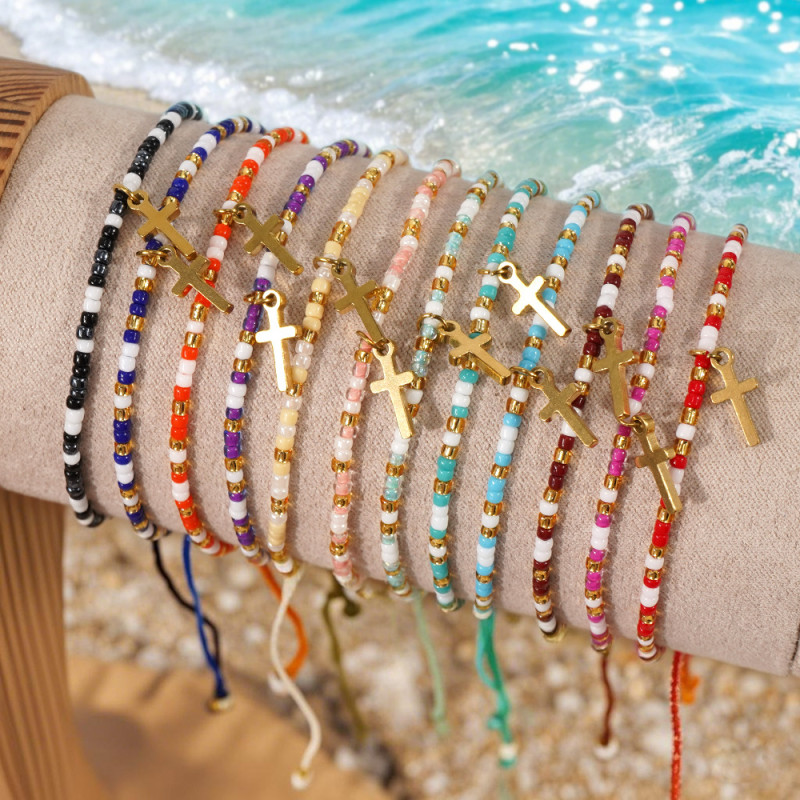 Cross-Border Style Rose Red Rice Bead Cross Bracelet Premium Rice Beads Not Easy to Fade Gentle Style Essential Jewelry