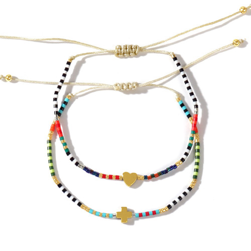 Beaded Woven Striped Thin Bracelet Natural Stone Cross Accessory Summer Commuting Two-Piece Set Hot Selling Hand Jewelry