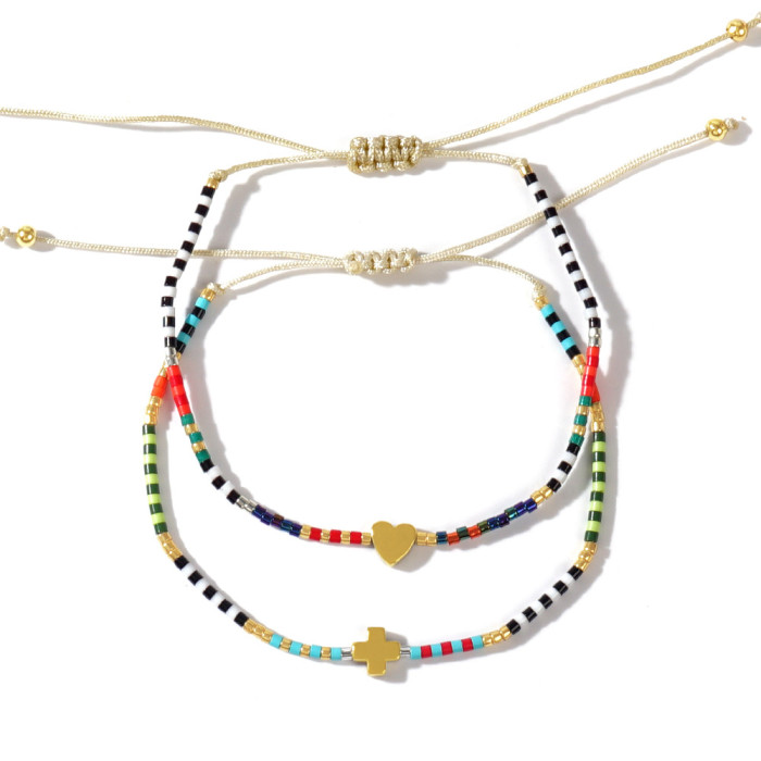 Beaded Woven Striped Thin Bracelet Natural Stone Cross Accessory Summer Commuting Two-Piece Set Hot Selling Hand Jewelry