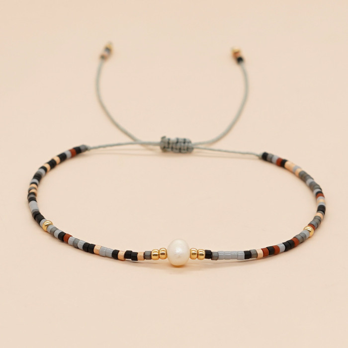 Bohemian Style European and American Simple Rice Bead Handmade Woven Friendship Rope Iron Gall Semi-Precious Stone Women's Jewelry Small Bracelet