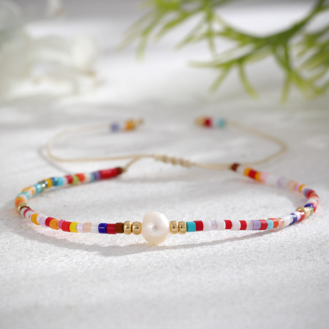 European and American Macaron Color Pearl Bracelet for Women Bohemian Street Trend Beaded Woven Dopamine Thin Bracelet