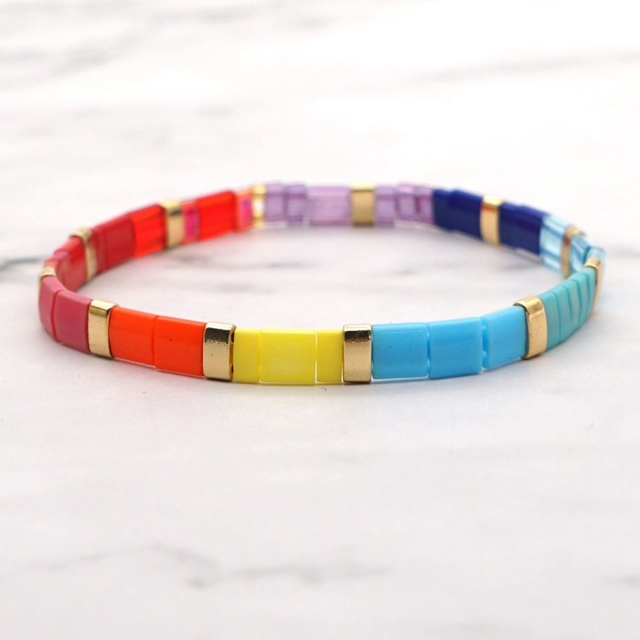 Hot-Selling Light Luxury Fashion Color-Block Beaded Square Minimalist Bohemian Ethnic Style Tila Rice Bead Couple Bra...