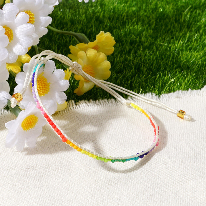 Amazon Hot-Selling Jewelry Rice Bead Bracelet Hand-Woven Leather Bohemian Rainbow Bead Jewelry