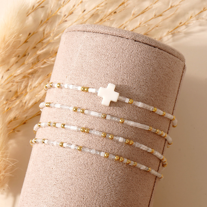 Niche Design Copper Bead Green Cross Bracelet Domestic DB Rice Bead Four-Piece Set Retro Light Luxury Daily Jewelry