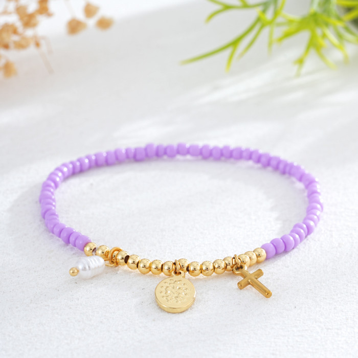 New Adjustable Colorful Rice Bead Bracelet for Women with Gold Cross and Virgin Mary Medal, Light Luxury Versatile Choice