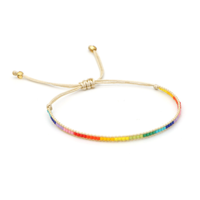 Amazon Hot-Selling Jewelry Rice Bead Bracelet Hand-Woven Leather Bohemian Rainbow Bead Jewelry