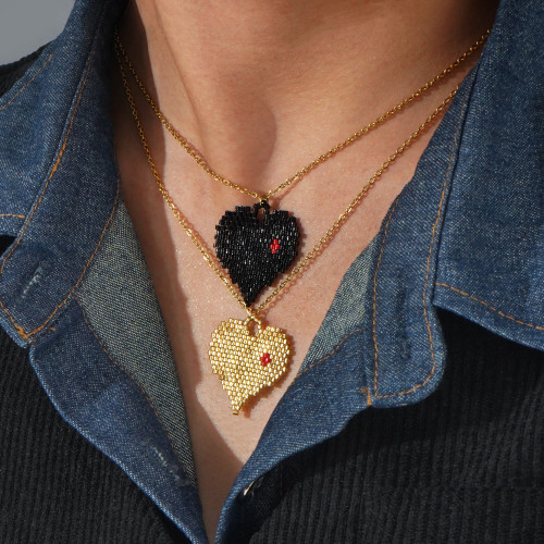 Miyuki Japanese Rice Beads Gold Heart Pendant Valentine's Day Necklace Stainless Steel Black Heart Rice Beads Necklace