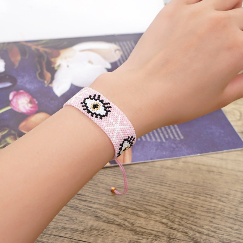 Cross-Border New Fashion Simple Bohemian Miyuki Beads Hand-Woven Evil Eye Pink Heart Bracelet