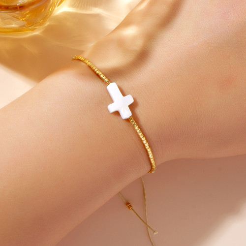 European and American Hot-Selling Xiaomi Beads Gold Beads Light Luxury Bracelet for Women Cross Shell Semi-Precious Stone Beaded Elastic Bracelet