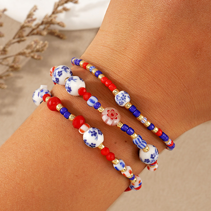 Original New Smooth Blue and White Ceramic Bracelet New Chinese Style Ancient Style Rice Bead Bracelet Niche High-end Glass Bracelet