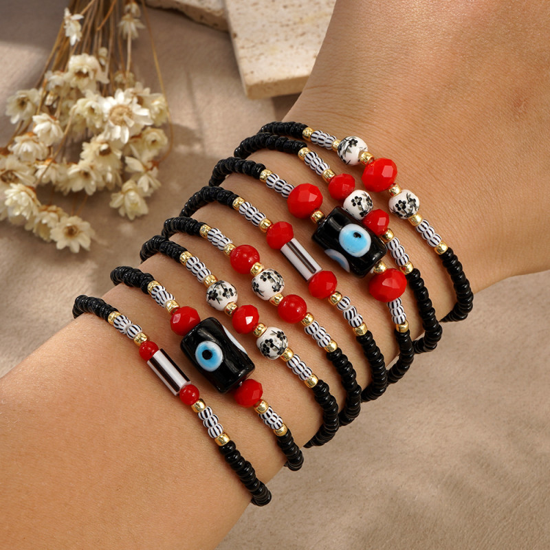 Cross-Border Hot Selling European and American Style Handmade Woven Soft Clay Crystal Bead Bracelet Red and Black Color-Block Trendy Essential