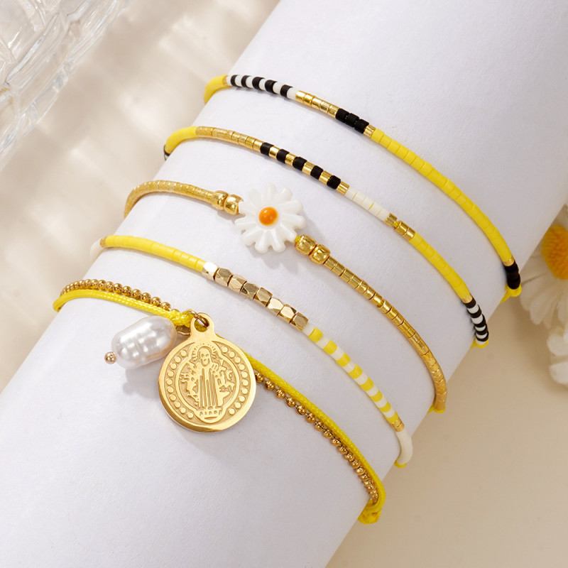 Yellow Bohemian Five-Piece Set Domestic DB Beads Imitation Pearl Copper Beads Small Daisy Golden Rice Beads Beach Bracelet