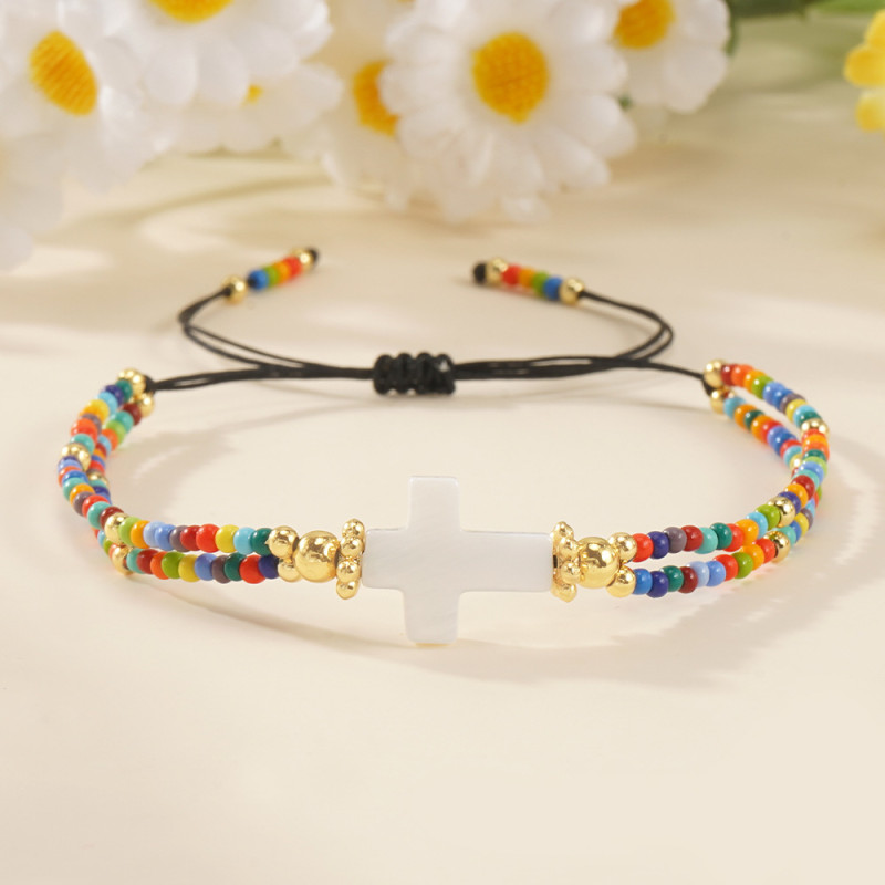 Vintage Style Copper Bead Cross Shell Bracelet Colorful Domestic Rice Bead Embellishment Niche Design Daily Jewelry