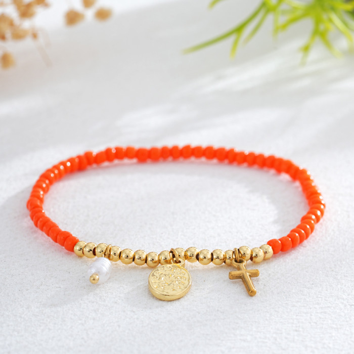 New Adjustable Colorful Rice Bead Bracelet for Women with Gold Cross and Virgin Mary Medal, Light Luxury Versatile Choice