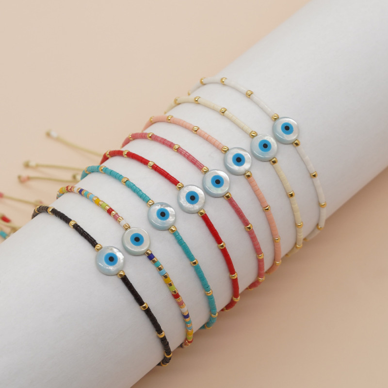 INS Ethnic Style Cross-Border Amazon Turkish Blue Shell Evil Eye Color-Block Rice Bead Bracelet for Women