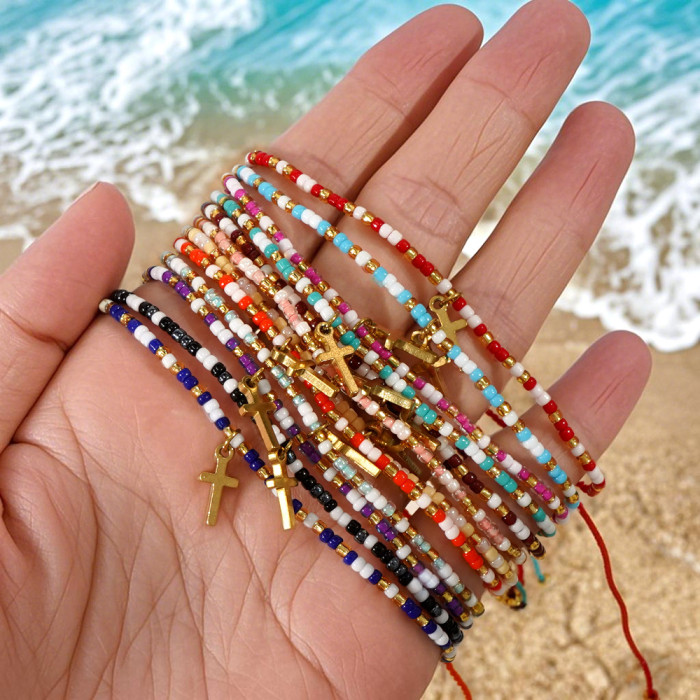 Style Rose Red Rice Bead Cross Bracelet Premium Rice Beads Not Easy to Fade Gentle Style Essential Jewelry