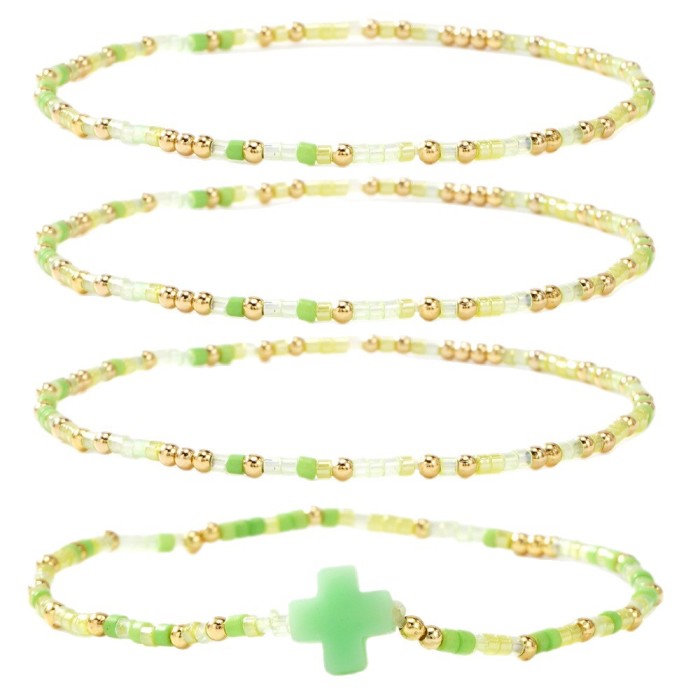 Niche Design Copper Bead Green Cross Bracelet Domestic DB Rice Bead Four-Piece Set Retro Light Luxury Daily Jewelry