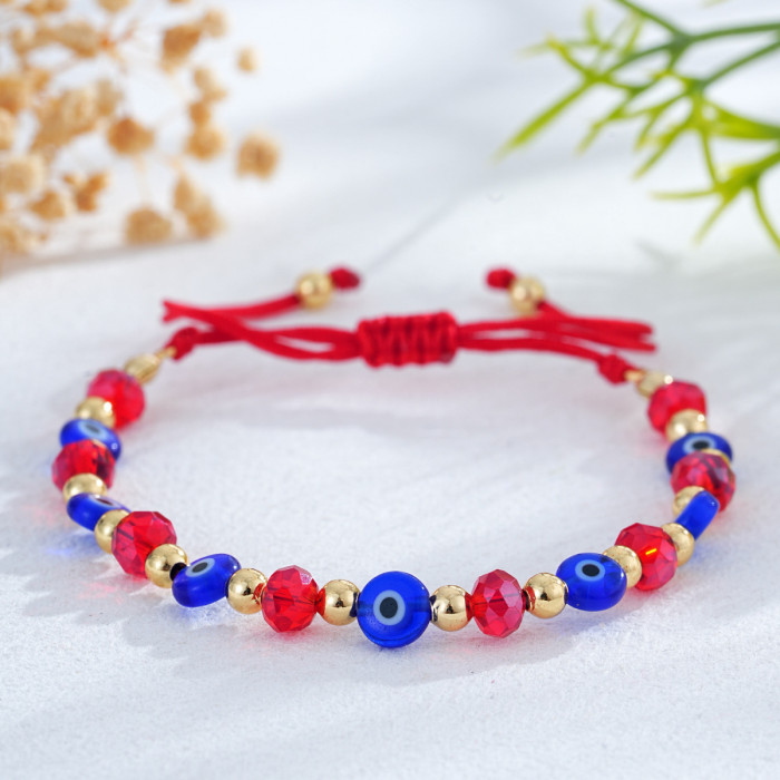 Versatile Daily Bracelet Transparent Red Crystal Flat Beads Blue Glass Flat Beads Metal Copper Beads Woven Style
