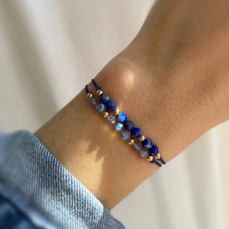 European and American Style Gold Beads Semi-Precious Stone Beaded Adjustable Braided Bracelet Blue Friendship Bracelet Simple Elegant Versatile Design