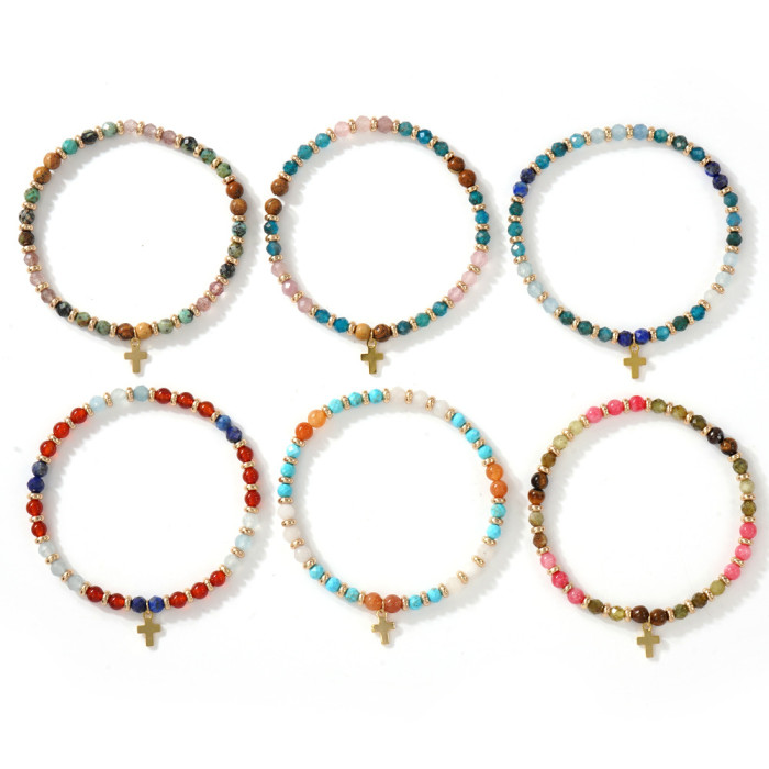 Cross-border Bohemian Style Cross Semi-precious Stone Hand-woven Colorful Fashion Versatile Bracelet for Men and Women Gift