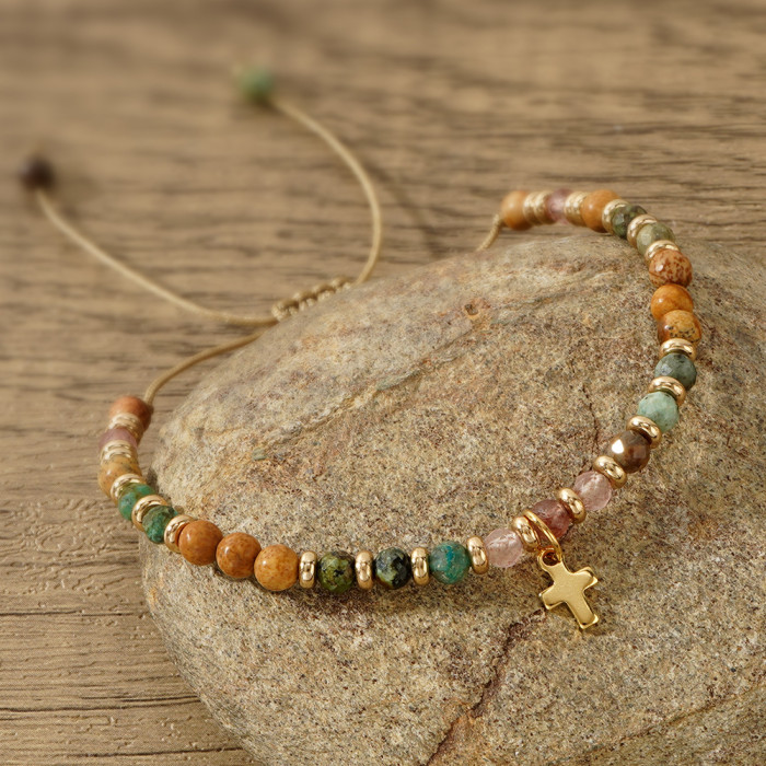 Cross-Border Hot-Selling Retro Ethnic Style Cross Natural Stone Bracelet for Men with Gold Beads Spacer Handmade Beaded Bracelet In Stock