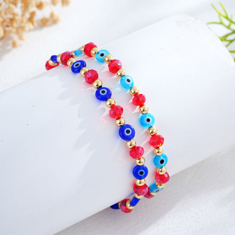 Versatile Daily Bracelet Transparent Red Crystal Flat Beads Blue Glass Flat Beads Metal Copper Beads Woven Style