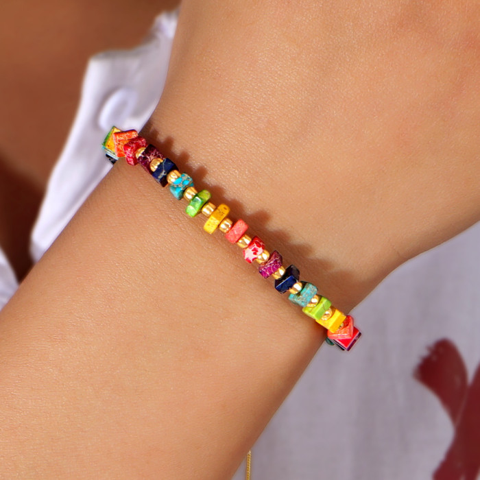 European and American INS New Simple Fashion Retro Gold Beads Colorful Emperor Stone Semi-Precious Stone Bracelet Couple Gift