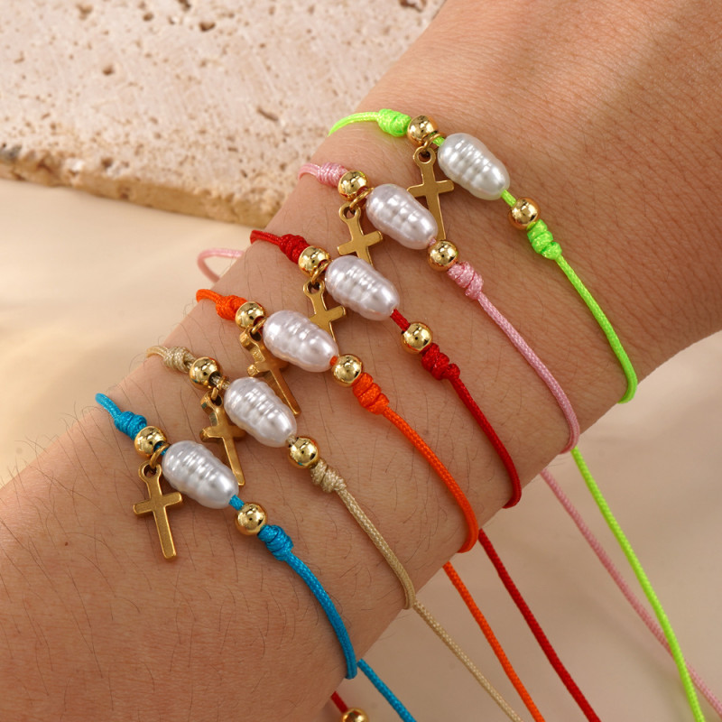 Cross-Border Fashion Simple Bracelet for Women INS Style Cross Pearl Woven Jewelry Beach Vacation Style Friendship Rope