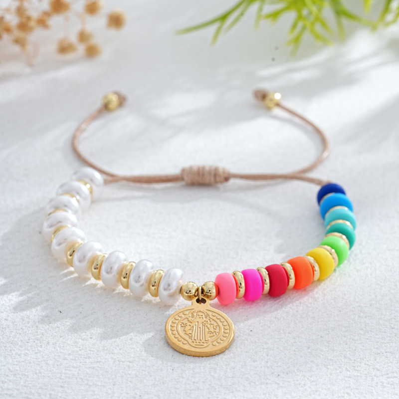 Cross-Border Hot Selling Beaded Bracelet for Women Handmade Woven Colorful Soft Clay Virgin Mary Pendant Adjustable Fashion Simple Style