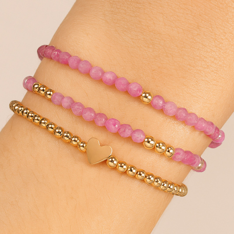 Natural Stone Pink Crystal Bracelet Handmade Woven Heart Accessories Gold Beads Cross-Border Exclusive Customizable