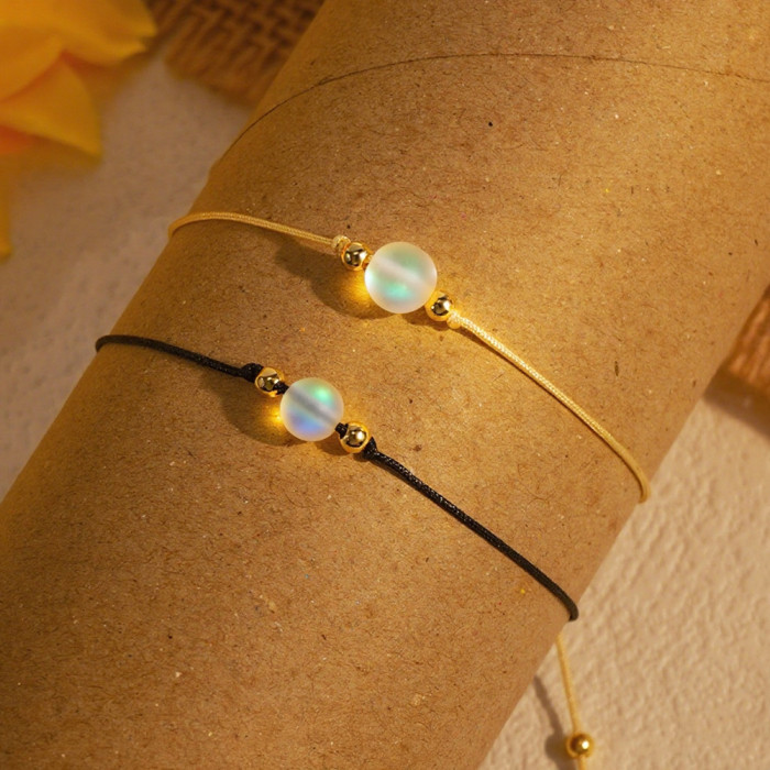 New Simple Ins Style Handmade Woven Wax Rope Bracelet Niche Moonstone Couple Best Friend Adjustable Bracelet