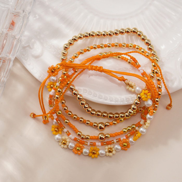 INS Style Orange Beaded Bracelet Set Wholesale Bohemian Multi-Layer Woven Stacking Bracelets for Women