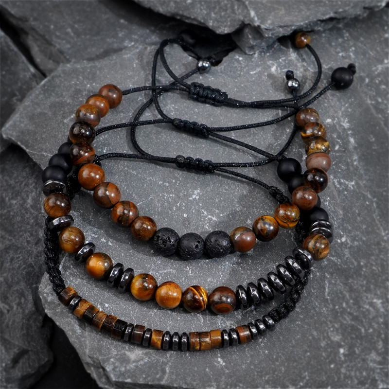 European and American New Style Tiger Eye Volcanic Stone Natural Stone Beaded Men's Bracelet 3-Piece Set Factory Wholesale