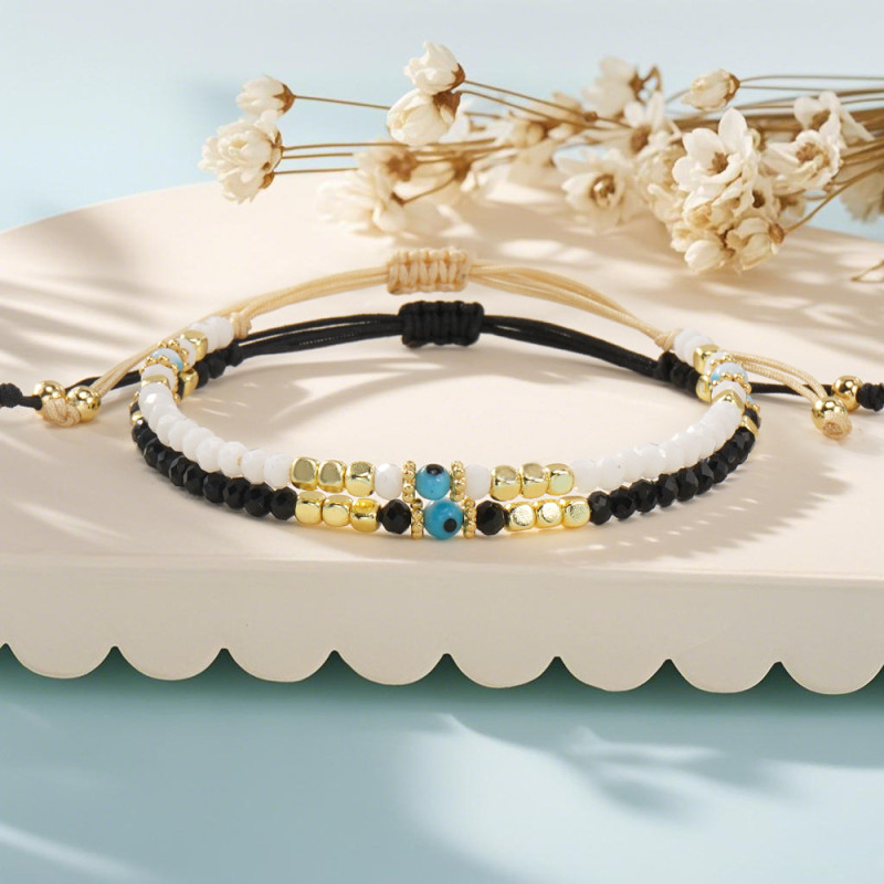 Cross-Border European and American Devil's Eye Couple Bracelet Black and White Crystal Woven Beaded Versatile Bracelet 2-Piece Set
