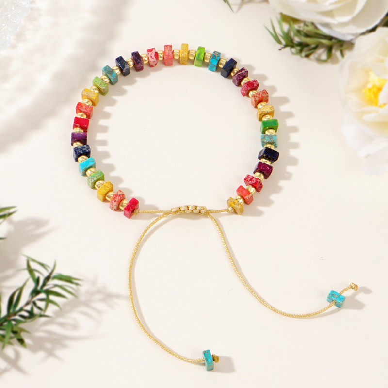 European and American INS New Simple Fashion Retro Gold Beads Colorful Emperor Stone Semi-Precious Stone Bracelet Couple Gift