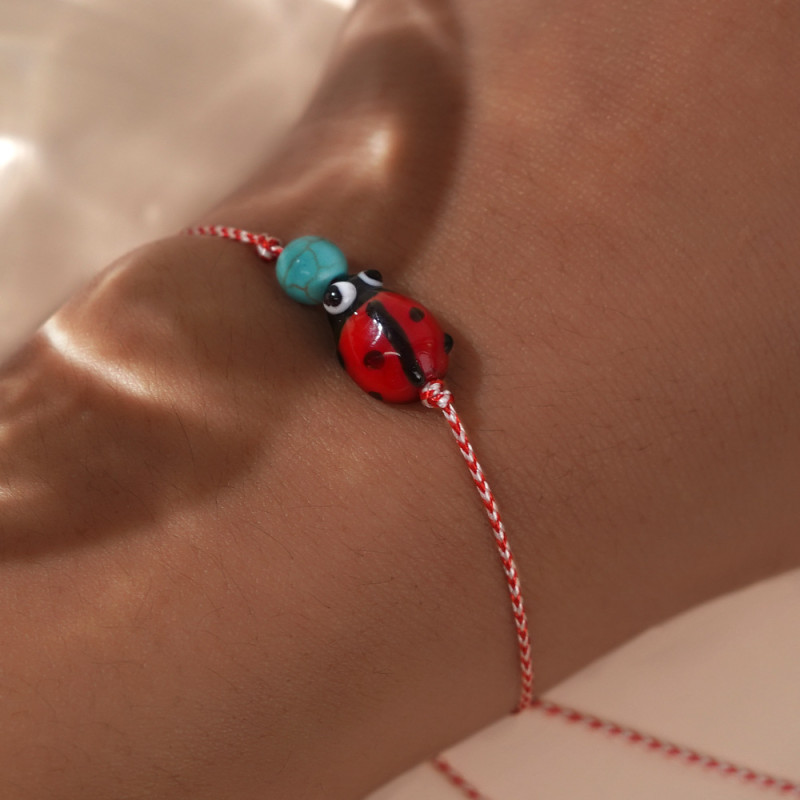 Cross-Border 3mm Copper Beads Synthetic Turquoise Ladybug Red and White Cotton Rope Bracelet Woven Greek Maltese Bracelet