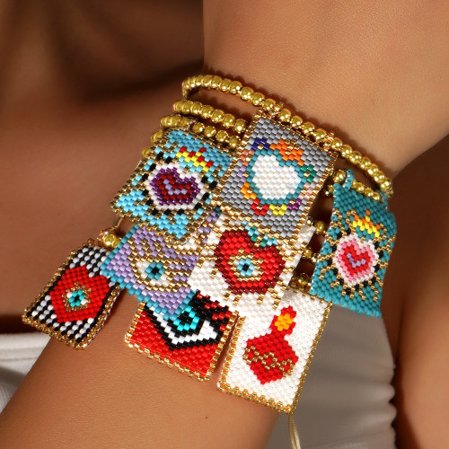 Vintage Heart and Square Tag Bracelet Indian Ethnic Tribal Style Gold Bead Woven Beaded Bracelet Ins Hot Item