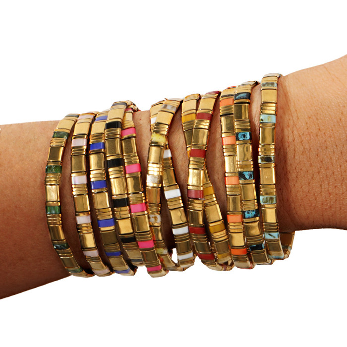 INS Style Multicolor Tila Bracelet Set Gold Black Gallstone Splicing Handmade Elastic Waterproof Bracelet