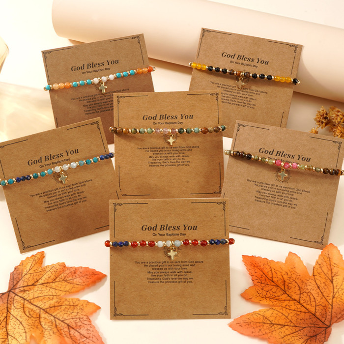 Cross-Border New Natural Stone Beaded Bracelet Gold Bead Spacer Wax Thread Hand-Woven Bracelet Cross Natural Bracelet