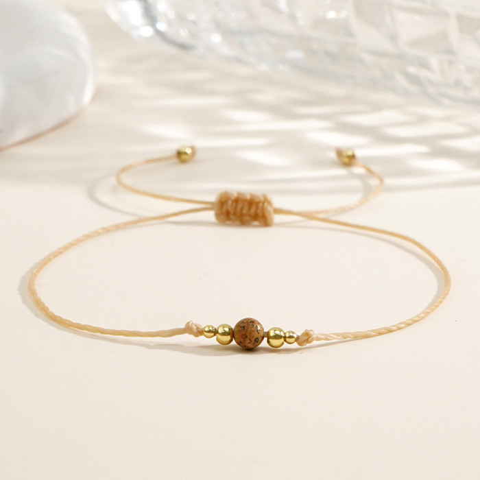 European and American Cross-Border Hot Selling Simple Casual Copper Bead Khaki Wax Thread Semi-Precious Stone Bracelet for Men and Women Multi-Piece Set Wholesale