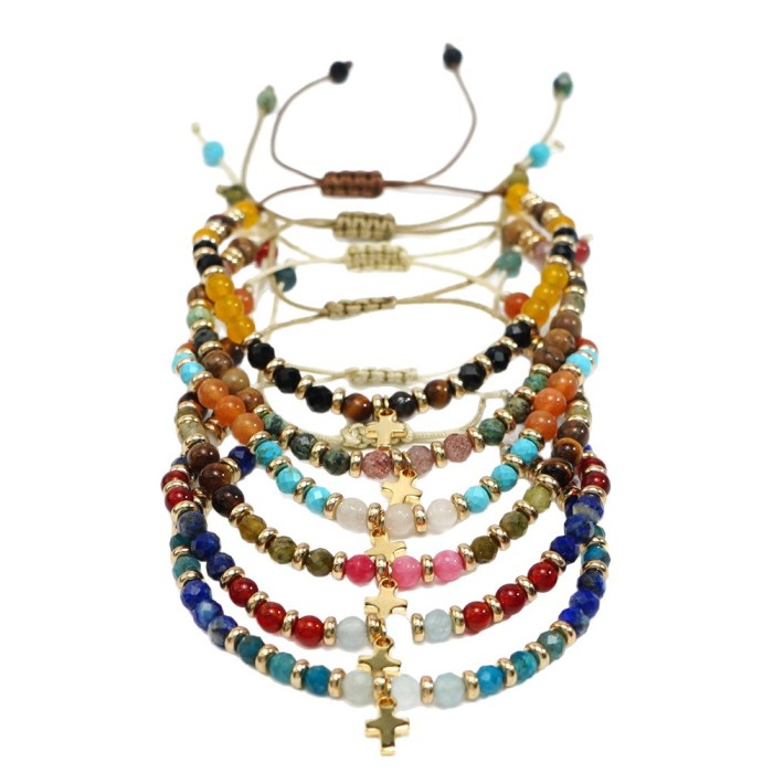 Cross-Border New Natural Stone Beaded Bracelet Gold Bead Spacer Wax Thread Hand-Woven Bracelet Cross Natural Bracelet