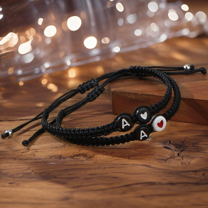 European and American Cross-Border 26 Letter Heart Braided Bracelet Creative Black and White Round Bead Flat Knot Couple Friendship Jewelry