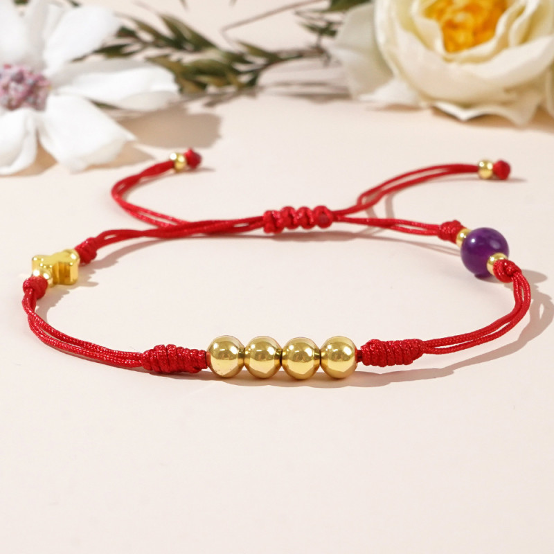 Niche Design Red String Beaded Bracelet Cross Gold Beads Amethyst Handwoven Bracelet Women's Fashion Jewelry