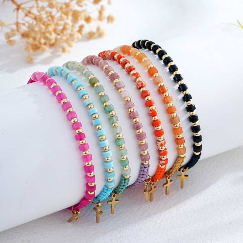 Forest Style Warm Orange Bracelet Imitation Emperor Stone Round Disc Metal Copper Bead Cross Orange Braided Rope Daily Bracelet