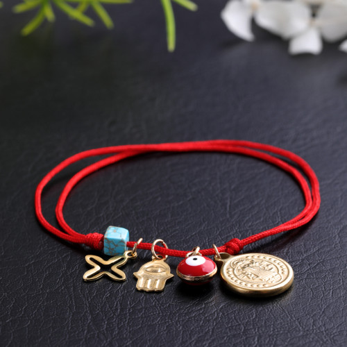 European and American Cross-Border Hot-Selling Red Rope Bracelet with Cross and Eye Decoration Hand-Woven Jewelry Birthday Gift Bracelet