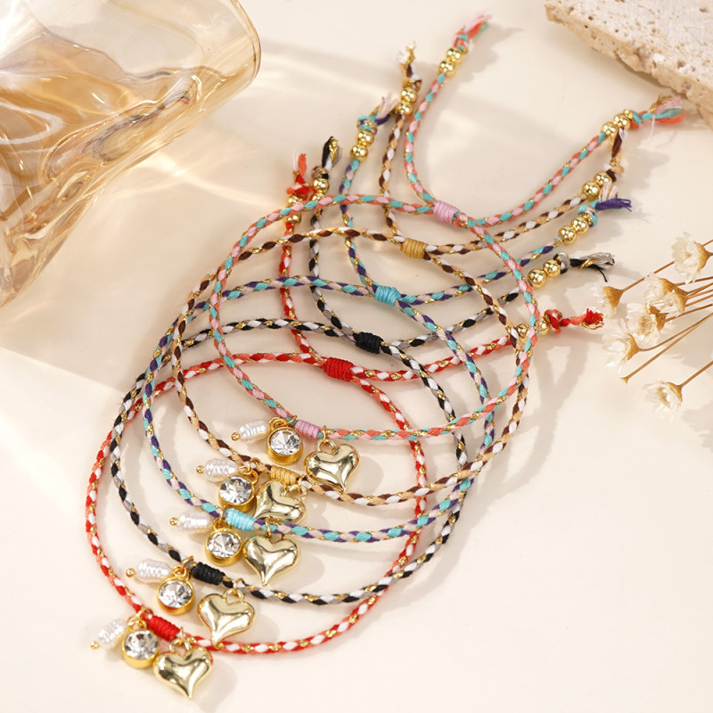 Colorful Rope Woven Pearl Bracelet Summer Beach Vacation Hand-twisted Striped Bracelet Heart Pendant Adjustable Bracelet
