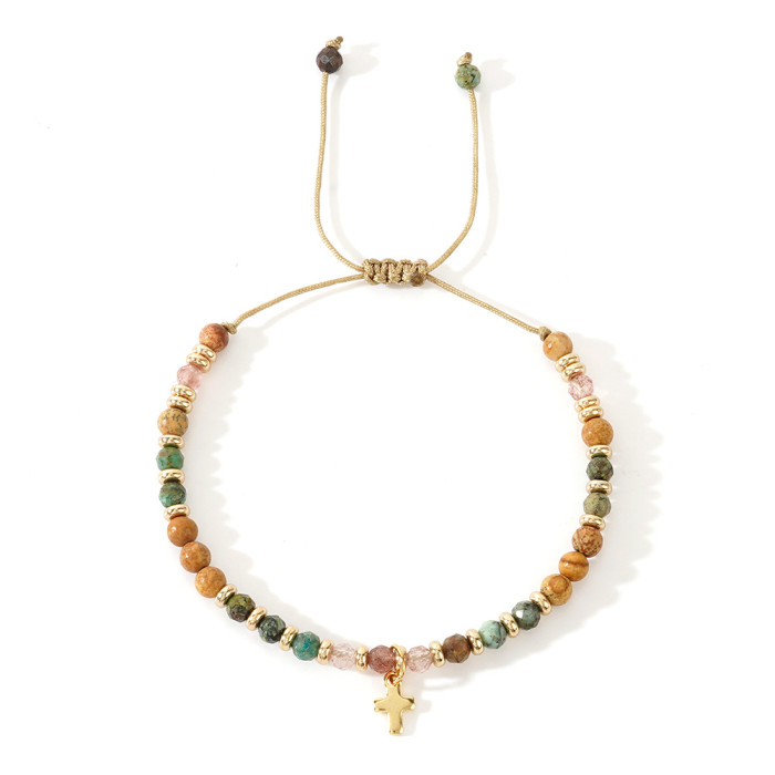 Cross-Border New Natural Stone Beaded Bracelet Gold Bead Spacer Wax Thread Hand-Woven Bracelet Cross Natural Bracelet